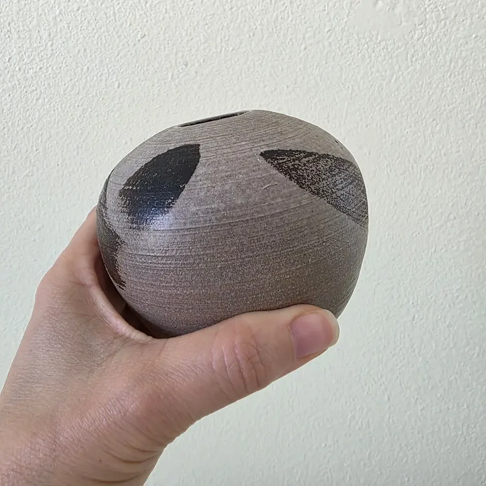 Vintage Studio Pottery Modernist Vase Round Brown Black Brushstroke Design